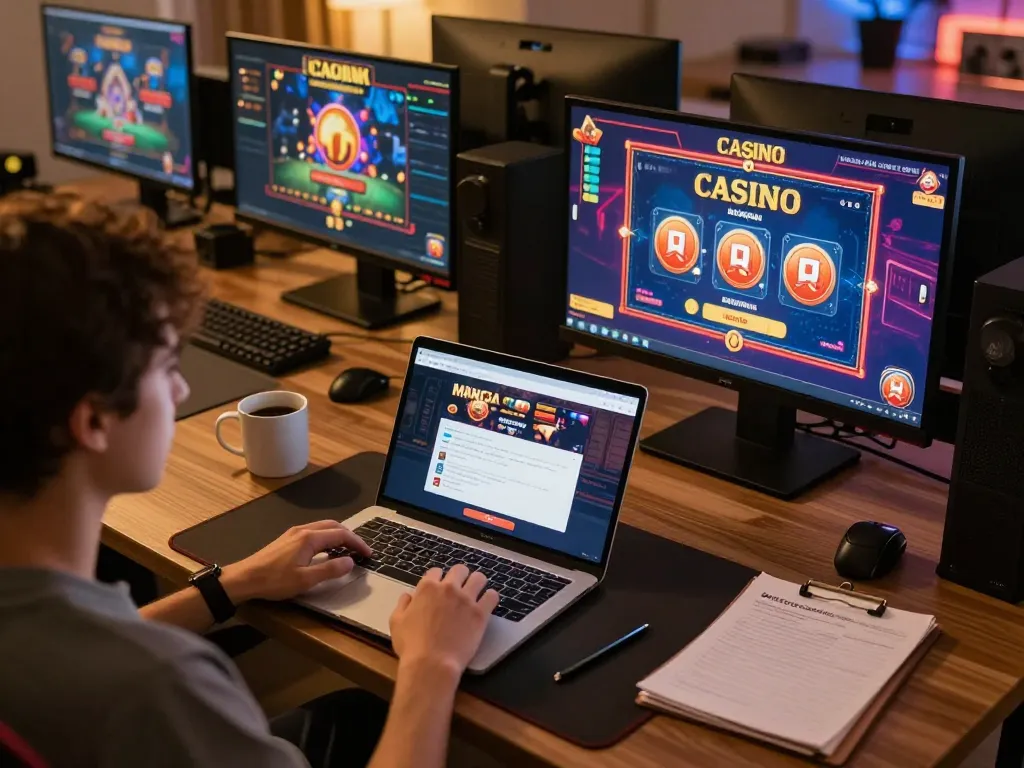 Manga Casino inloggen op een laptop in een gezellige speelomgeving met drankjes en aantekeningen.
