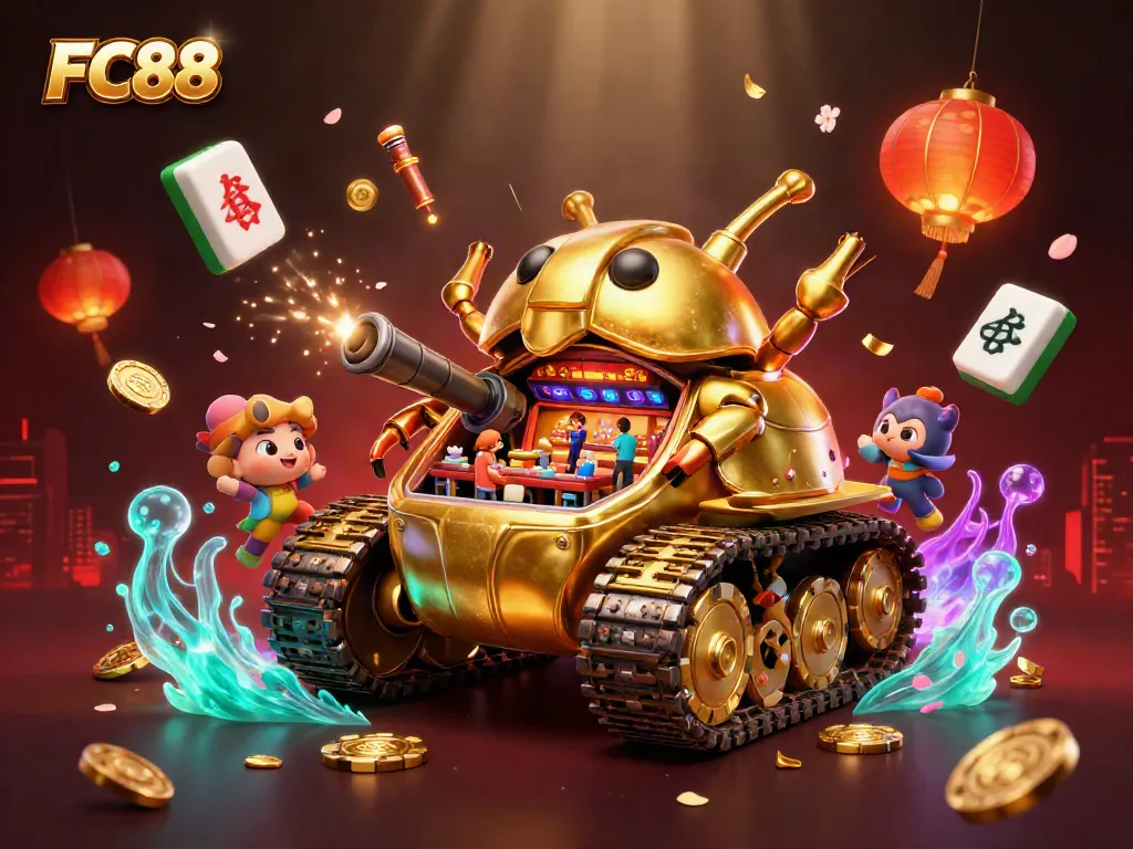 Engage with FC88's vibrant casino world featuring a golden beetle tank bursting with festive games and dynamic elements.