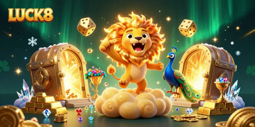 Experience thrilling wins with LUCK8 in a vibrant, ultra-detailed digital casino scene.