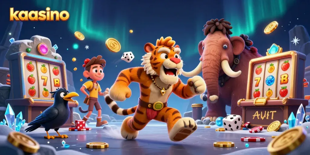 Kaasino slots promotion featuring vibrant characters at a prehistoric casino with engaging visual effects