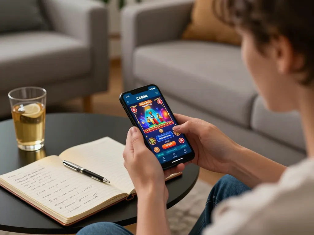 CK444 user actively engaging in mobile gambling while practicing responsible strategies in a cozy setting.