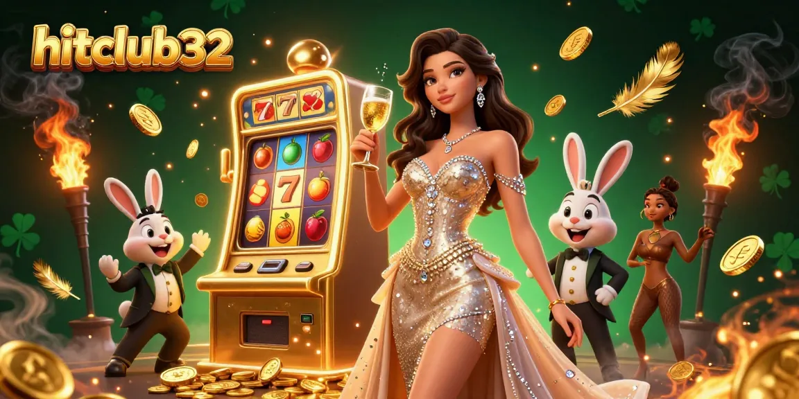 Hitclub32 brings excitement with a glamorous woman and jackpot slots in a dynamic casino scene.
