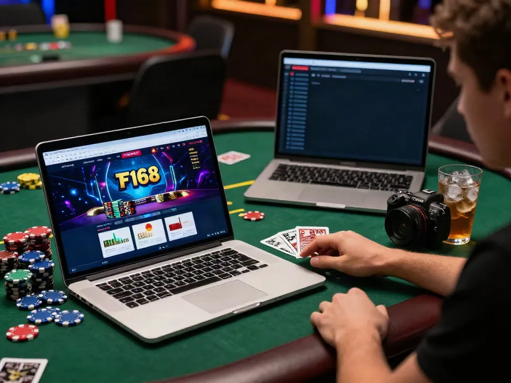 Engaged user navigating https://f168.law/ on a modern laptop in a vibrant gaming setup.