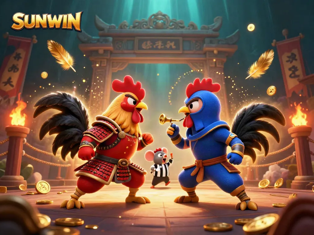 SUNWIN presents a dynamic illustration of animated roosters in combat gear showcasing a thrilling casino atmosphere.