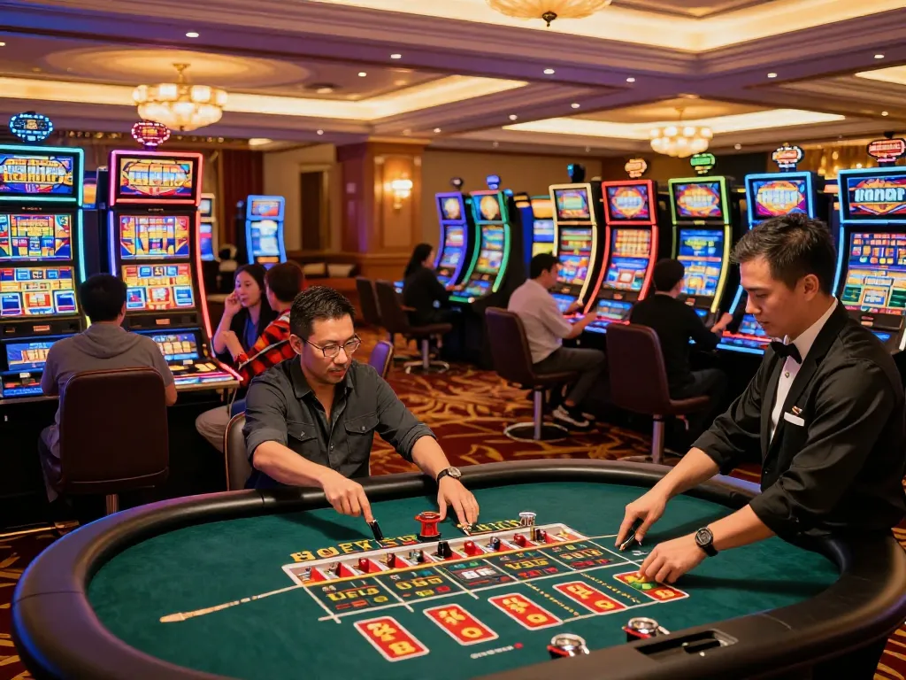 Excited players enjoying vibrant slot machines at rr88me casino, showcasing engaging gaming atmosphere.