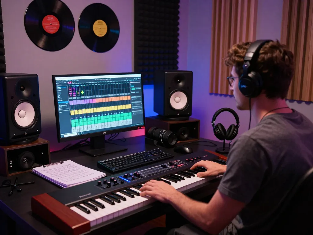 Musician at VK88 keyboard in a vibrant music studio