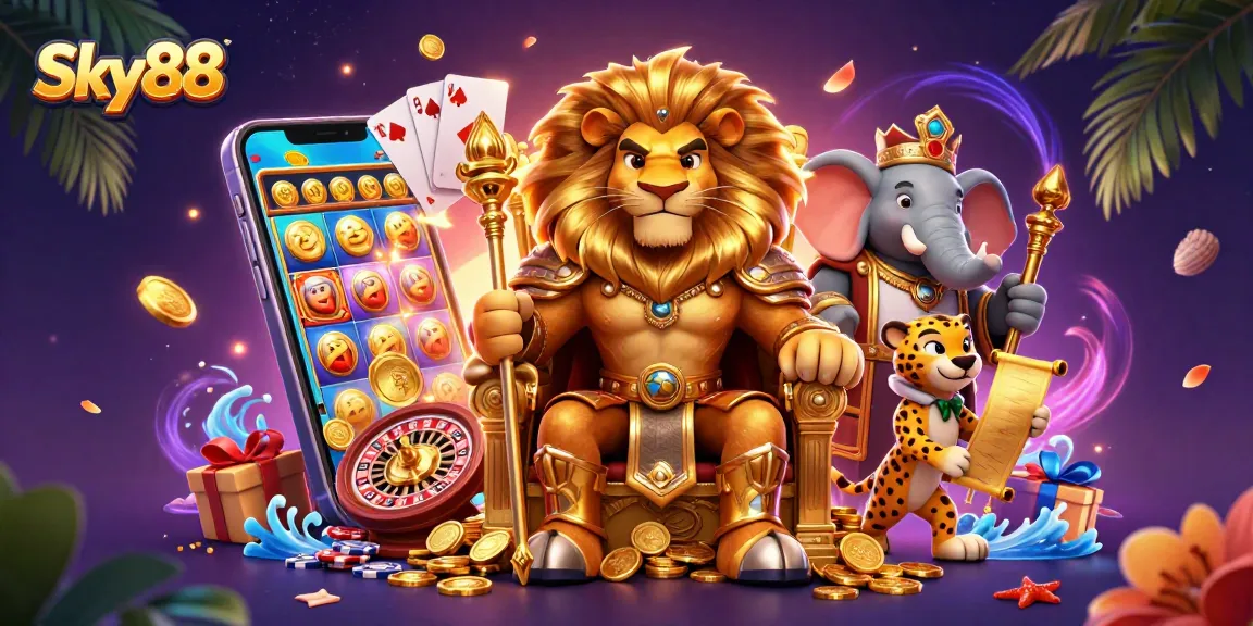 Sky88 offers an exciting casino experience featuring a vibrant 3D illustration of classic gaming elements.