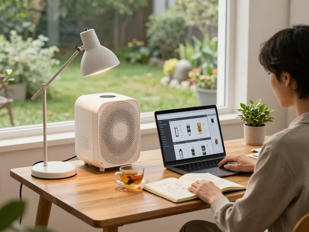 Werken in een gezellige thuiskantoor met een super stille ventilator die een rustige bries biedt.