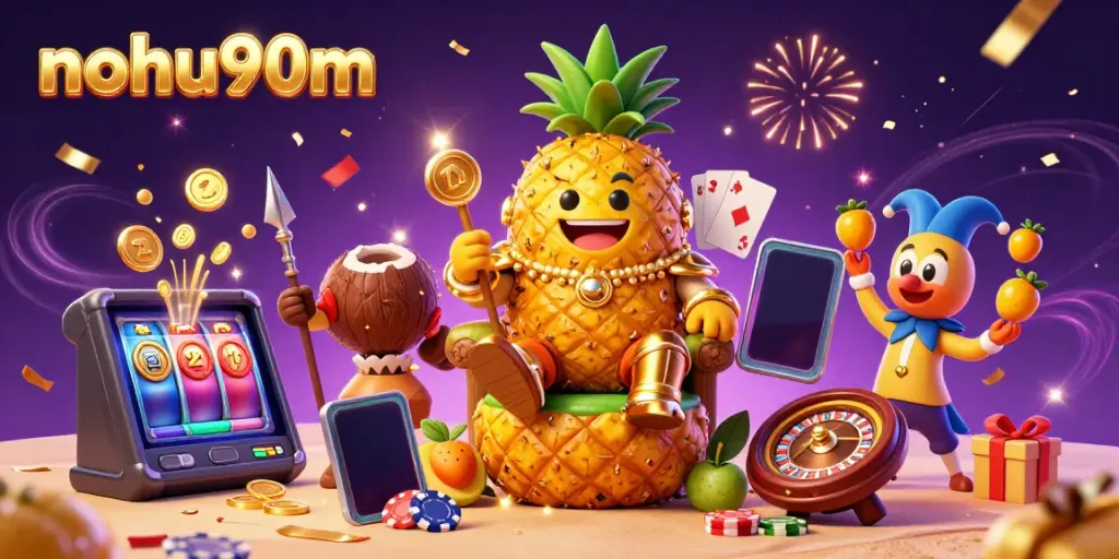 Nohu90m showcases vibrant casino action with a golden pineapple king and lively casino elements.