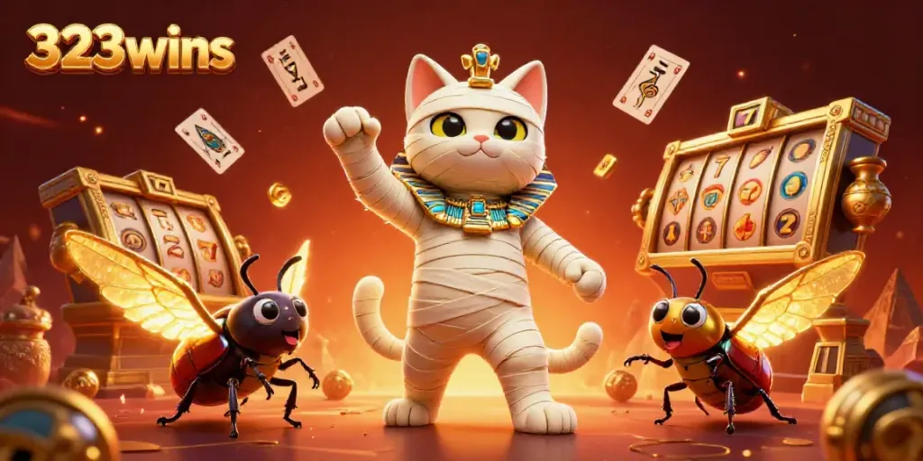 Experience thrilling gameplay at 323wins with a cartoon Egyptian mummy cat in a vibrant casino.