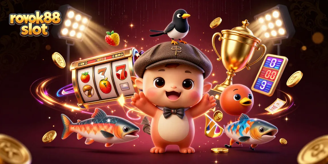 Experience thrilling rokok88 slot action with playful characters and casino elements in a dynamic 3D scene.