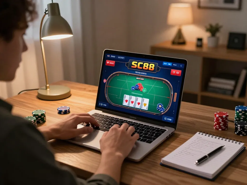 Engaged player at SC88 poker game on laptop with strategy notes nearby