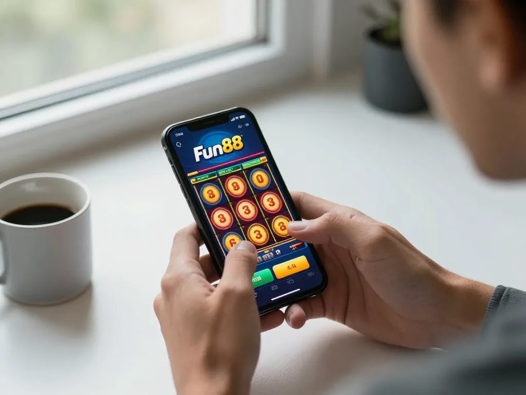 Engaged user spinning reels on mobile device with fun88 link in a cozy setting