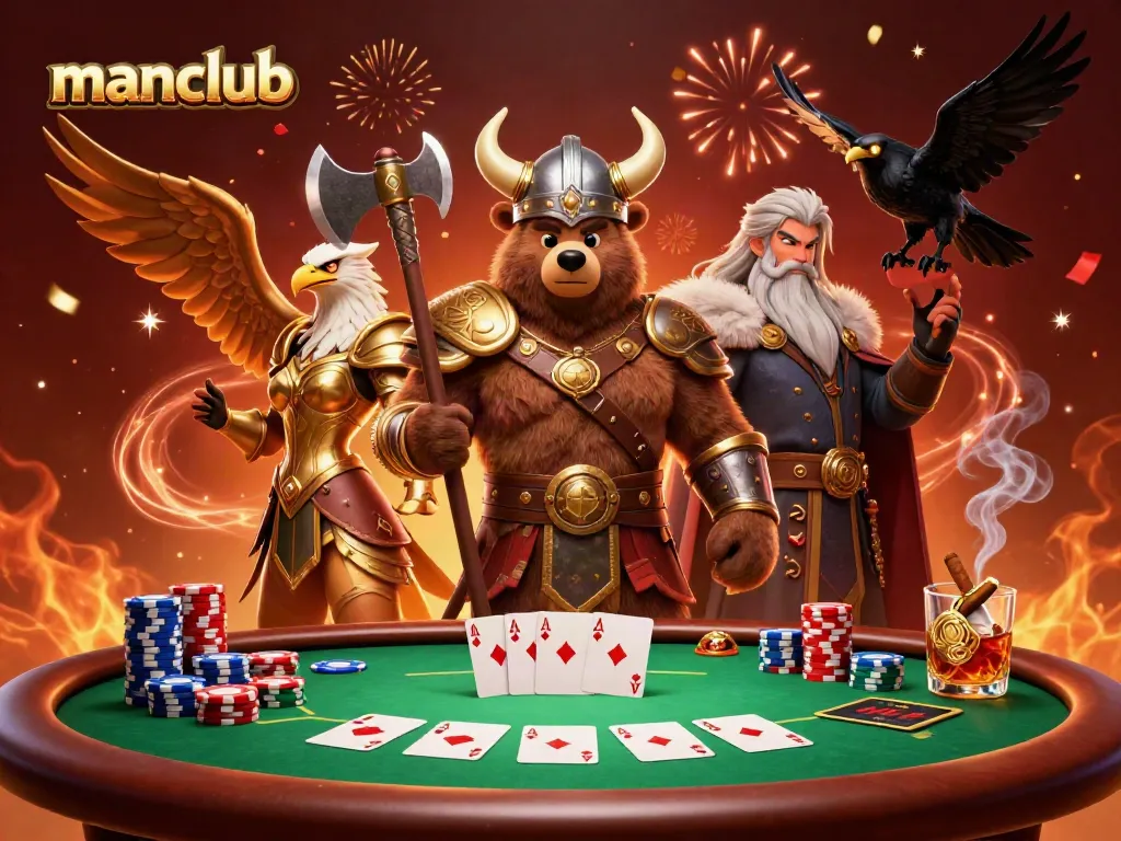Experience the thrill of manclub as a Viking bear and Valkyrie eagle engage in a high-stakes poker game.