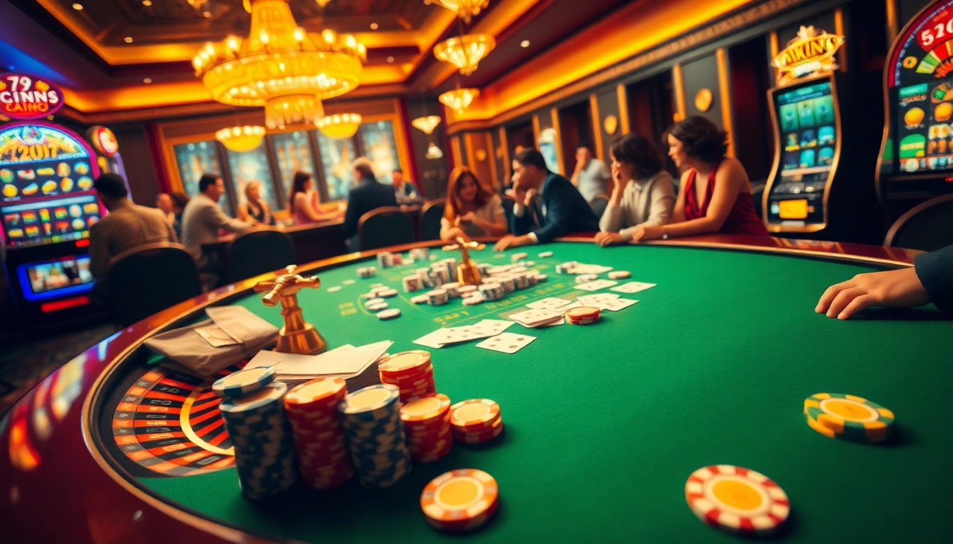 Players engage in exciting casino games at 79KING, featuring vibrant poker tables and roulette wheels.