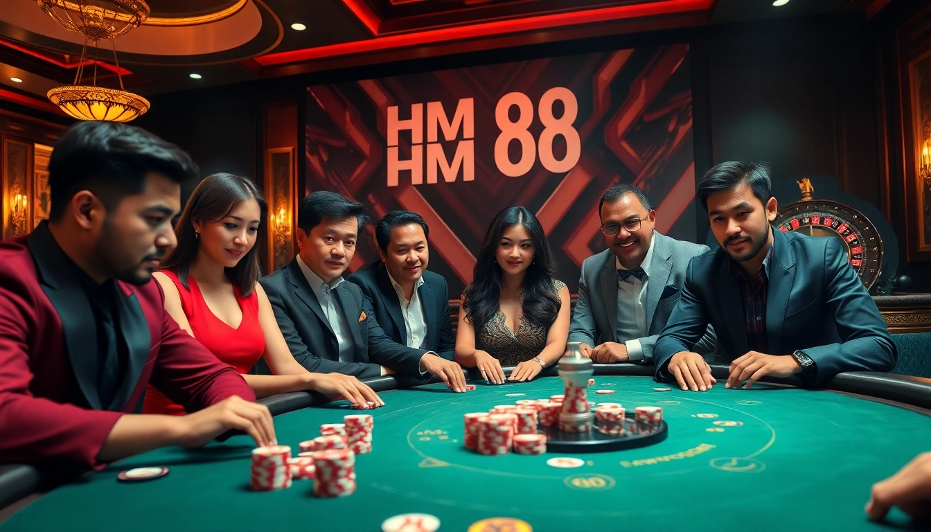 Gamblers strategizing at a poker table during an exciting game night featuring HM 88 themed decor.