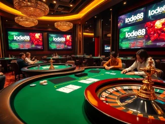 Lode88 players enjoying a thrilling poker game at an upscale casino table with vibrant chips and cards.