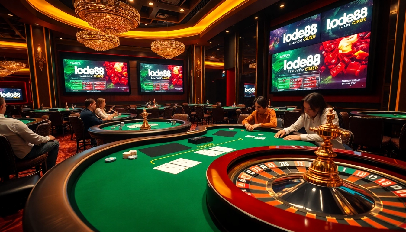 Lode88 players enjoying a thrilling poker game at an upscale casino table with vibrant chips and cards.