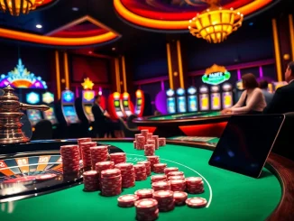 Experience high-stakes excitement at fabet with elegant gambling tables and vibrant casino visuals.