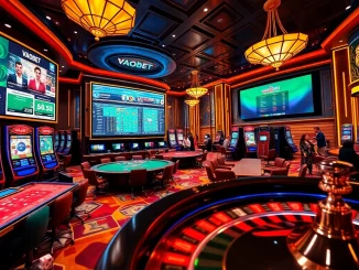 Experience thrilling gaming action at VAOBET, featuring bright slot machines and poker tables.