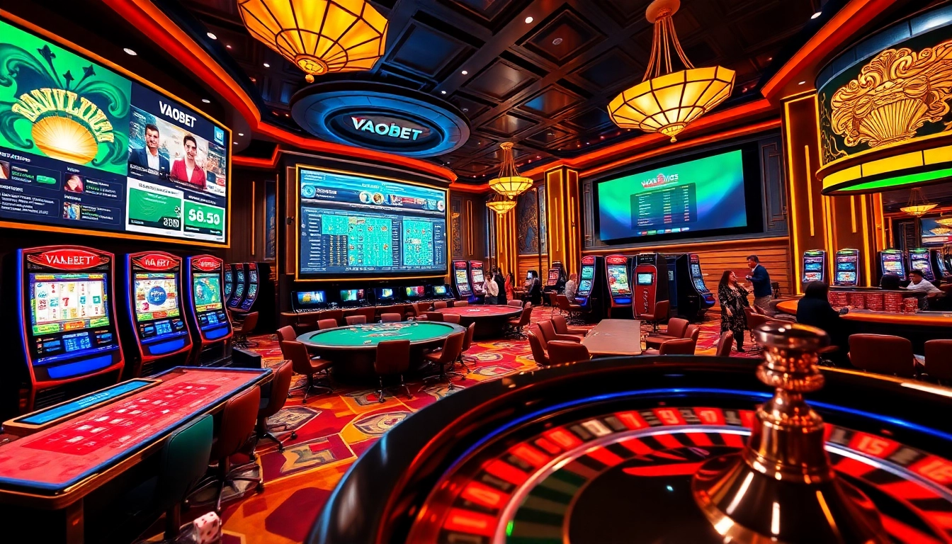 Experience thrilling gaming action at VAOBET, featuring bright slot machines and poker tables.