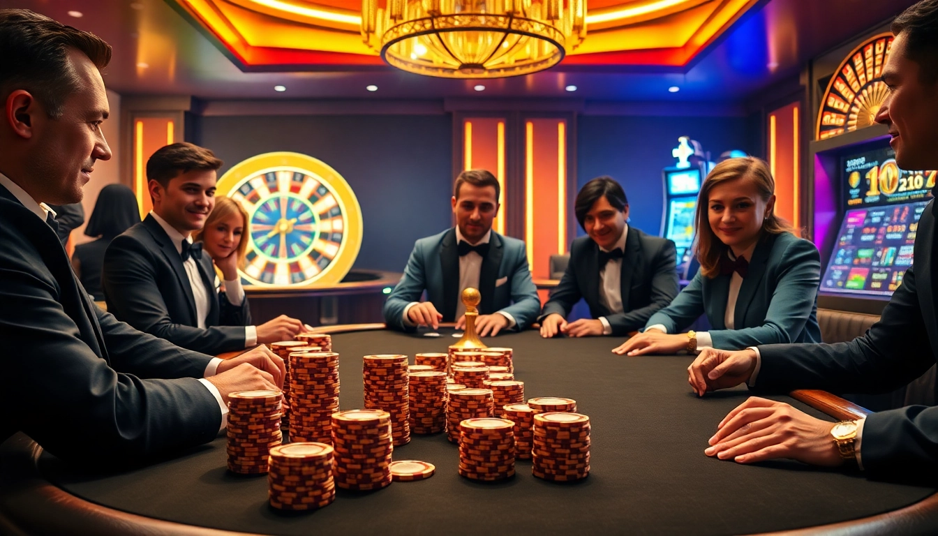 Experience thrilling gaming at Lu88 with poker tables and vibrant slot machines in action.