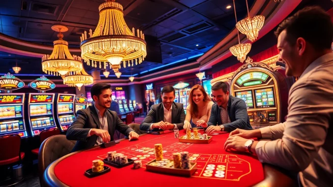 Exciting casino scene with players engaging at 33win, showcasing vibrant slot machines and poker tables.