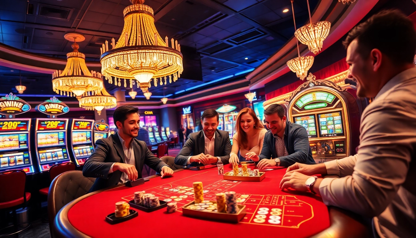 Exciting casino scene with players engaging at 33win, showcasing vibrant slot machines and poker tables.