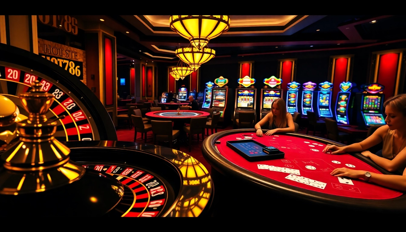 Players enjoying games at HOT789 casino tables with vibrant chips and cards.