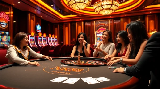 NK88 casino scene depicting excitement with players and vibrant gambling elements.