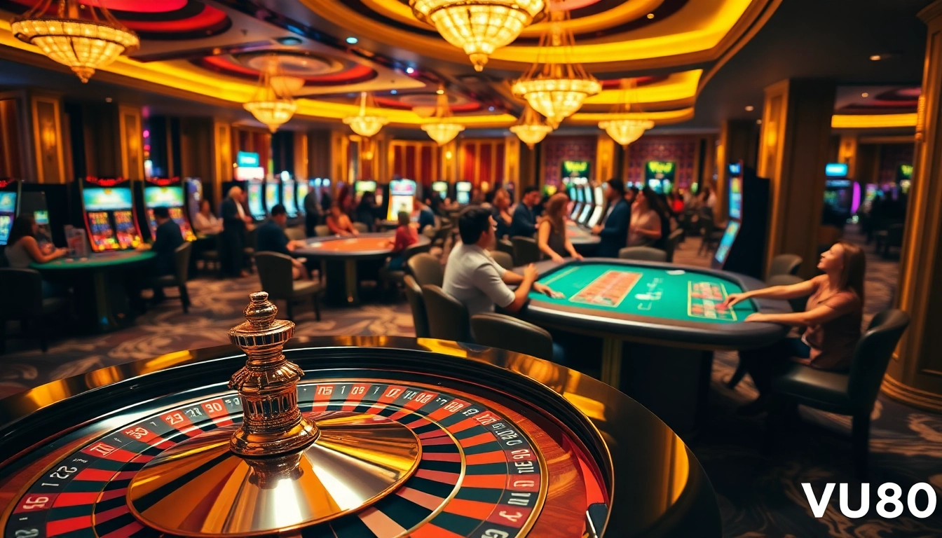 Experience high-stakes action at VU88's glamorous casino, featuring roulette and vibrant slot machines.