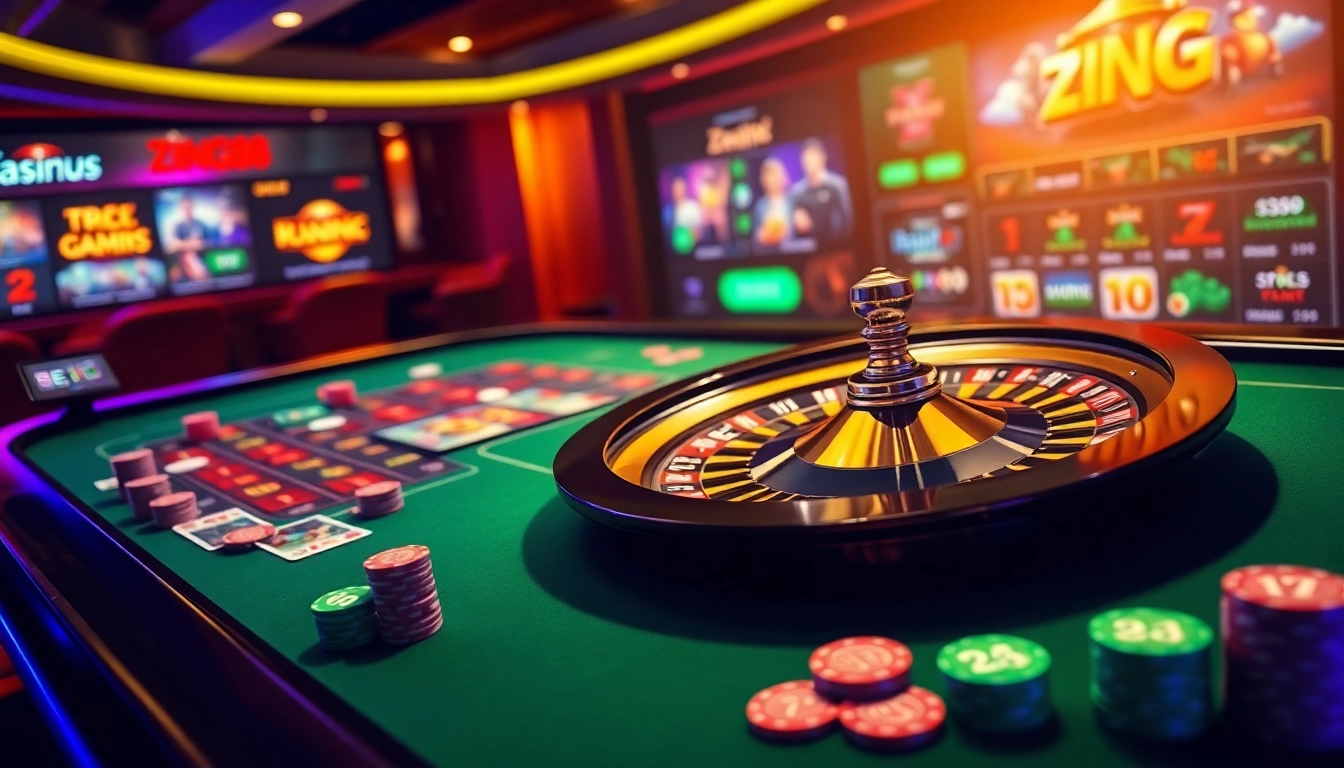 Zing88 casino table with vibrant chips and roulette wheel, embodying luxury and excitement.