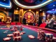 Experience the thrill of E2BET with a vibrant casino scene featuring poker chips and a roulette wheel.