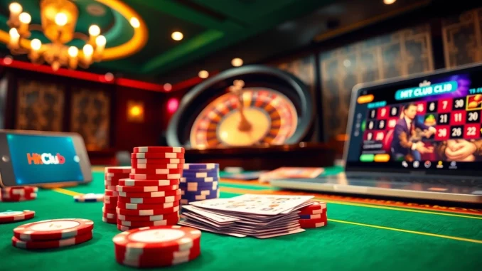 Hit.Club app being showcased in an upscale casino scene with poker chips and cards