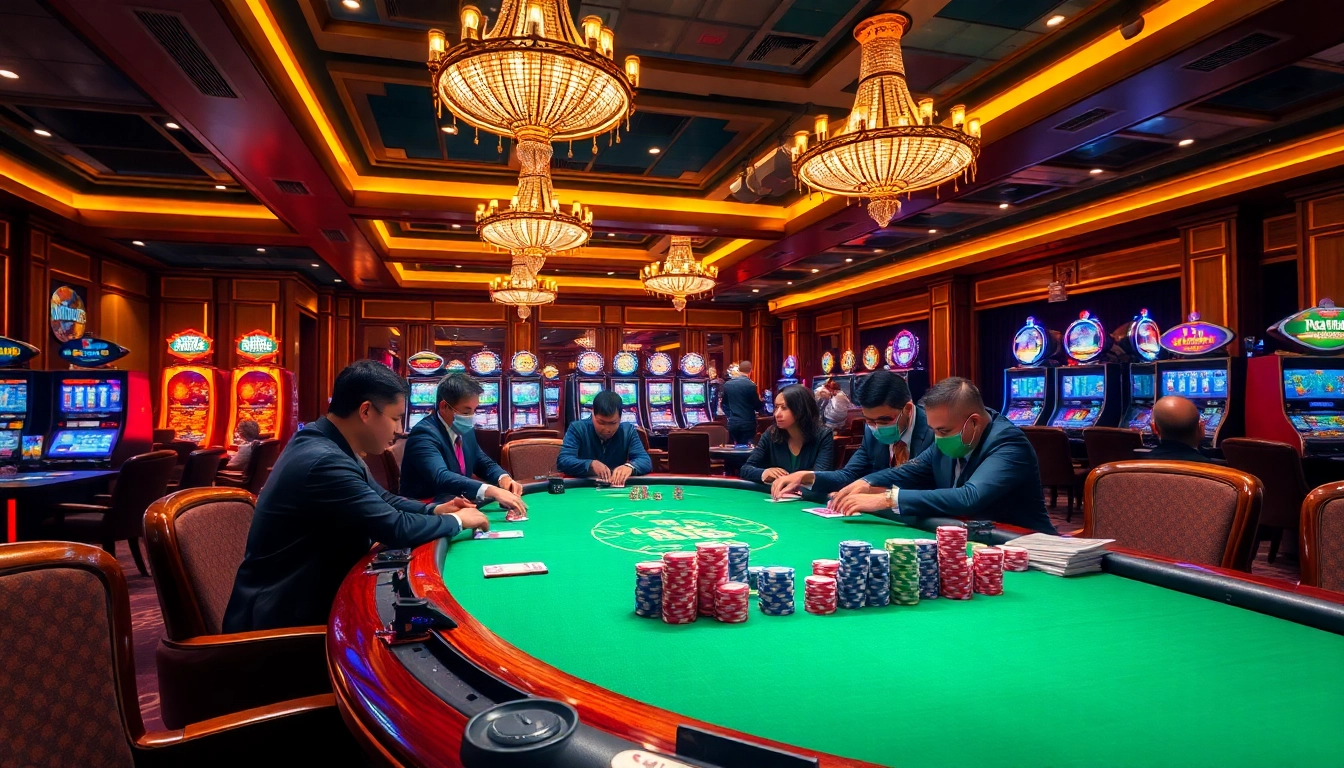 RR88 poker players enjoy an exciting game at a luxurious casino table with vibrant decor.
