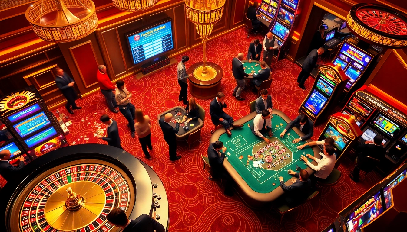 Exciting casino scene showcasing tg88 link with players at poker and roulette tables.
