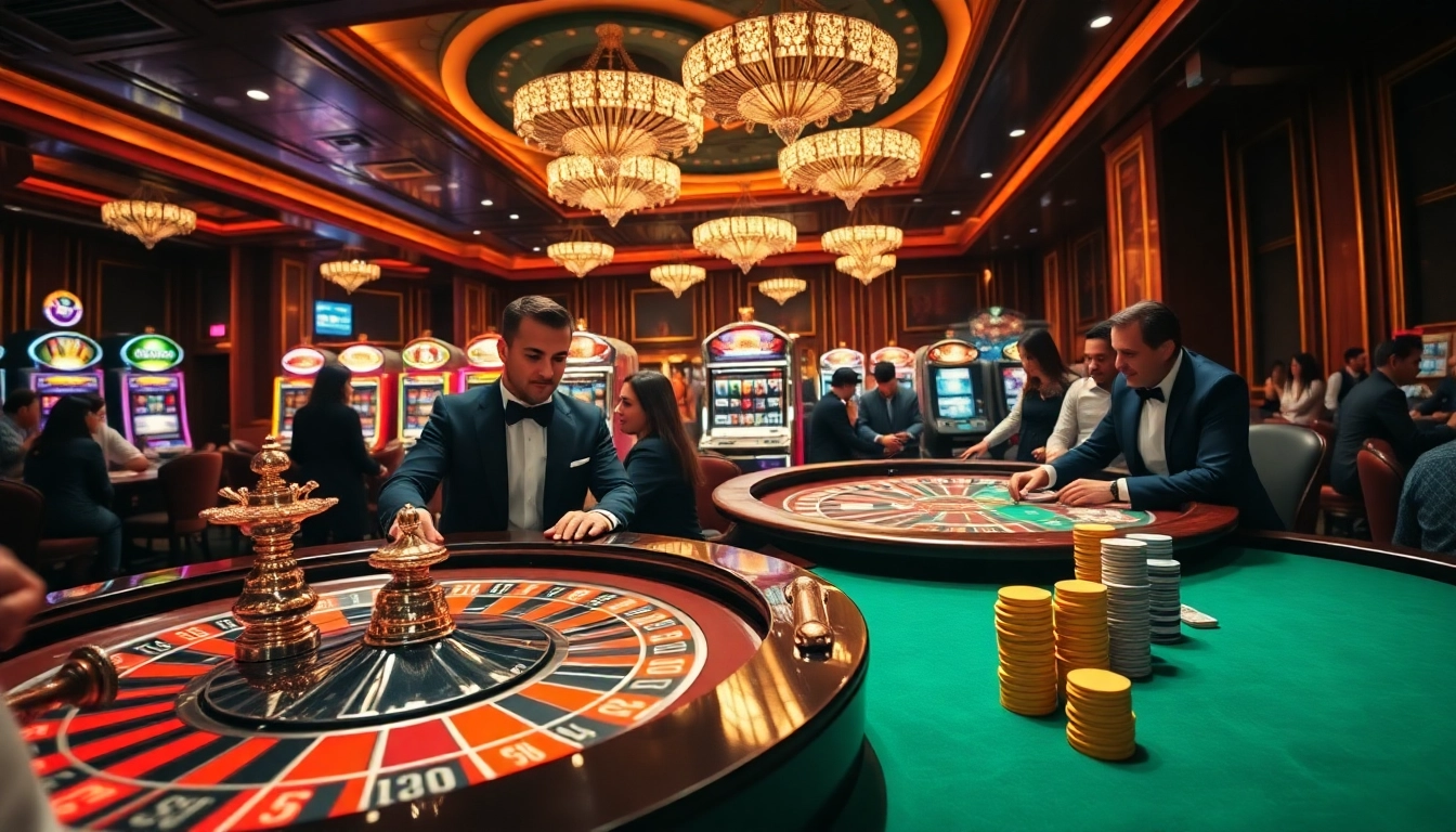 Experience the thrill of a bustling casino scene at https://five88sss.com/ with players engaging at the roulette table.
