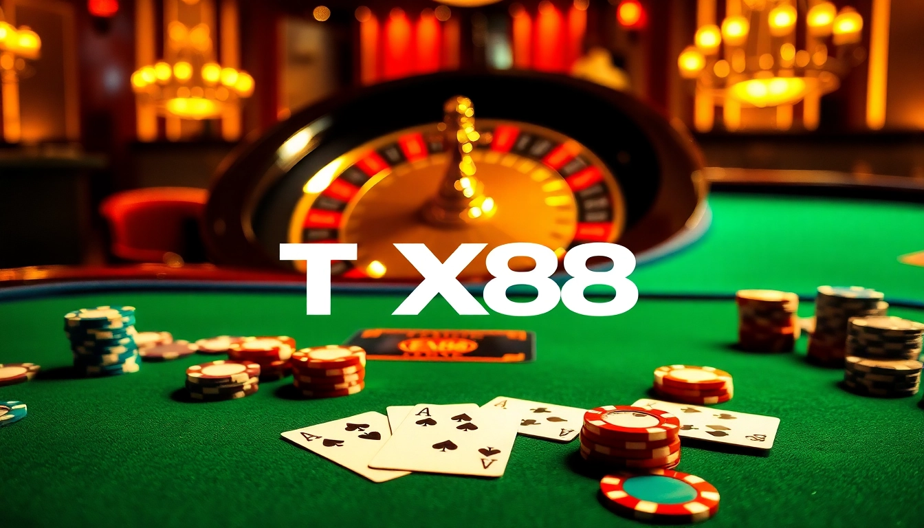 TX88-themed casino table with poker chips, cards, and a vibrant roulette wheel.