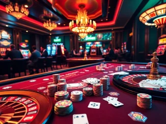 Engaged players at Bin88 casino table showcasing vibrant poker chips and cards.