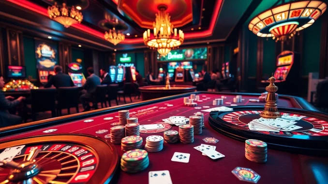 Engaged players at Bin88 casino table showcasing vibrant poker chips and cards.