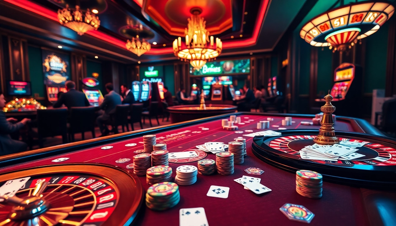 Engaged players at Bin88 casino table showcasing vibrant poker chips and cards.