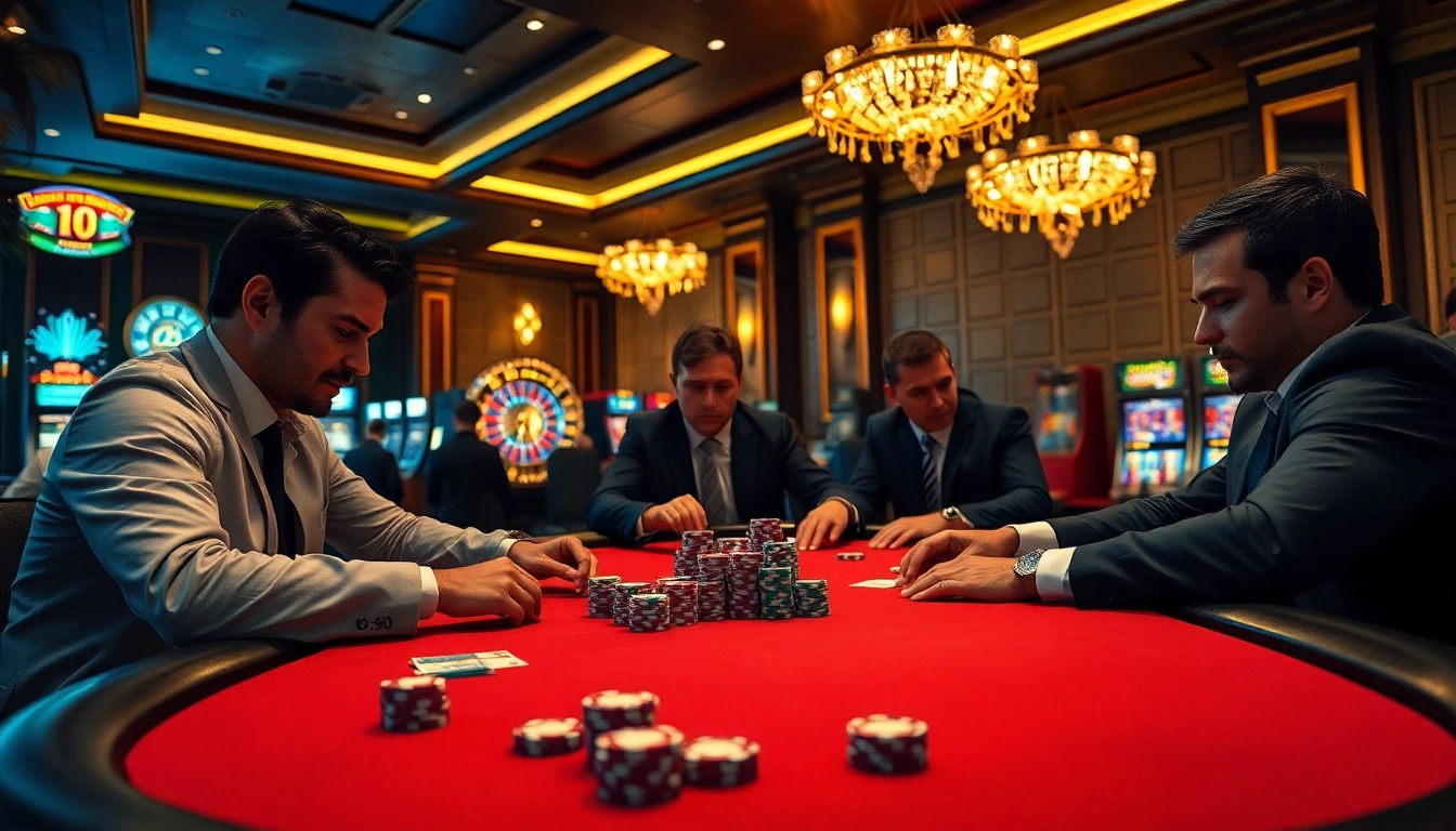 Exciting gambling moment at Sunwin casino with professional players engaged in a high-stakes poker game.