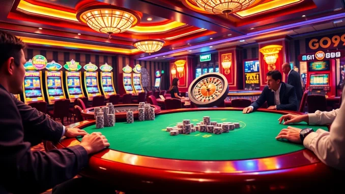 Players enjoying thrilling poker games at a luxurious casino, showcasing the excitement of go99.