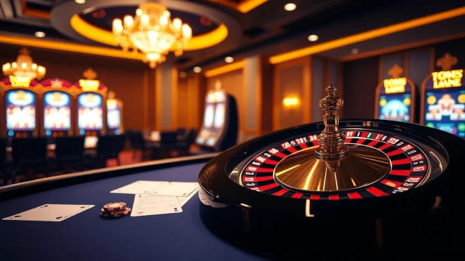 Experience thrilling gambling action at 23win casino with vibrant slot machines and a luxury roulette wheel.