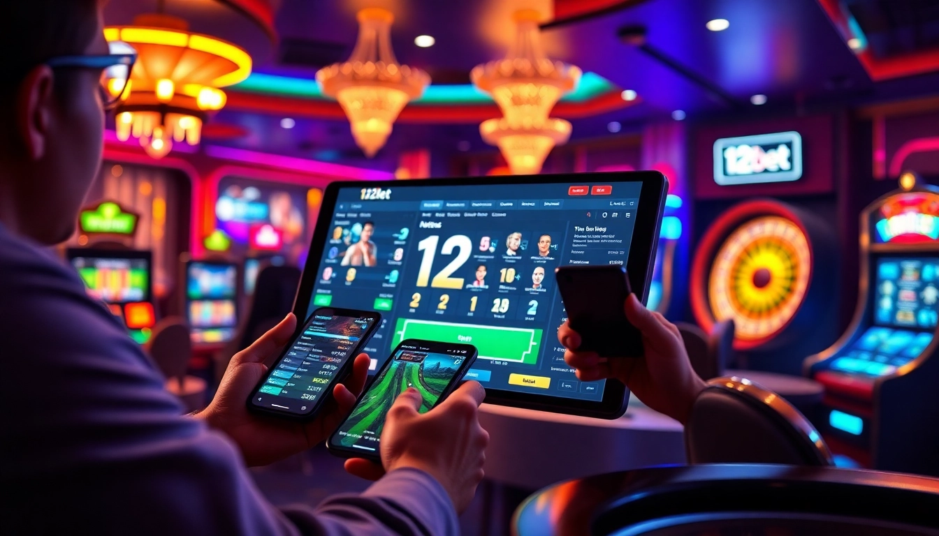 Players engaging with the 12Bet online casino platform, featuring vibrant games and betting excitement.