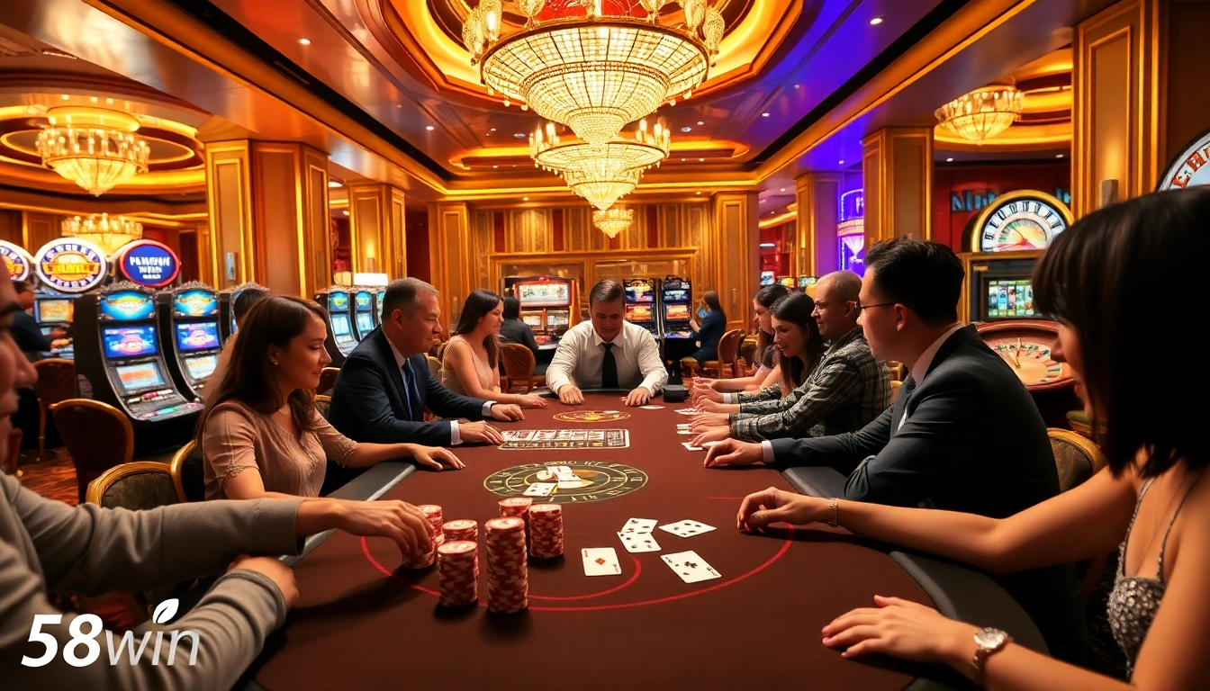 Exciting poker action at 58win casino table with colorful chips and cards.