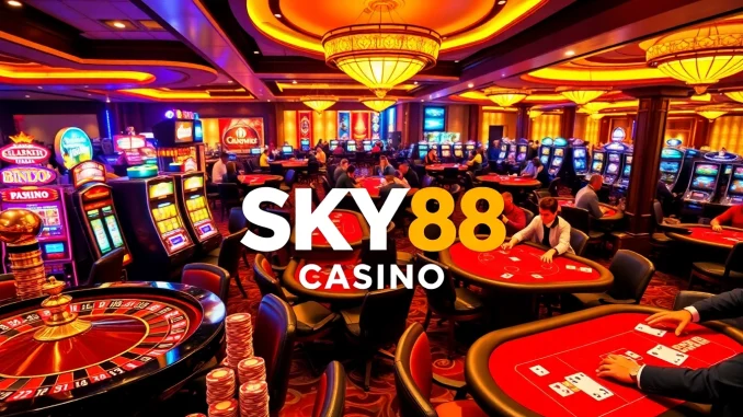 Experience thrilling gameplay at SKY88 Casino with roulette, slot machines, and poker excitement.