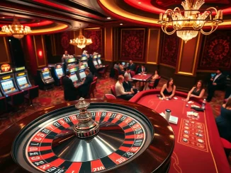 Experience the thrill of a lucky win at a luxurious casino featuring roulette and poker tables.