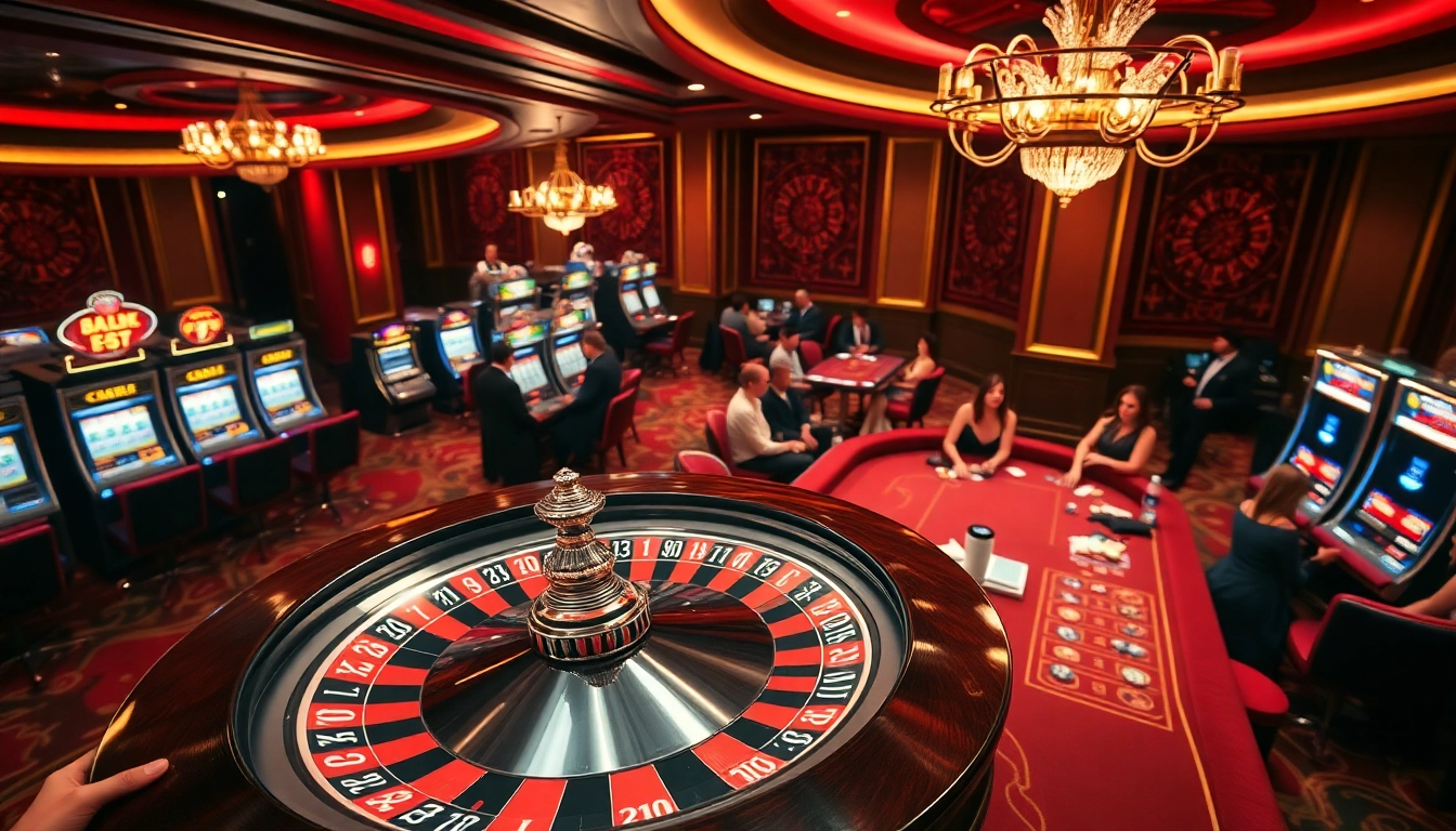 Experience the thrill of a lucky win at a luxurious casino featuring roulette and poker tables.