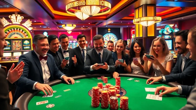 Thrilling scene of players gambling with poker chips, cards, and accessing link vào LUCKY88 online.